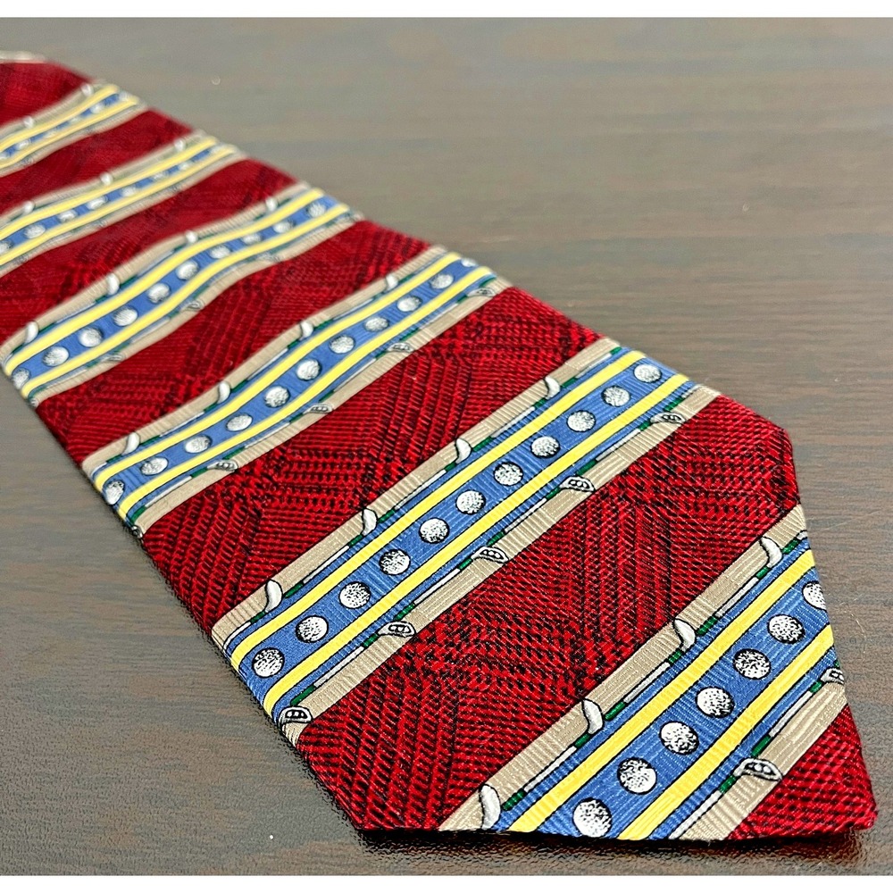 ESSEX ROW Golf Themed Silk Tie Mens Burgundy Red‎ Blue Stripe Clubs Balls